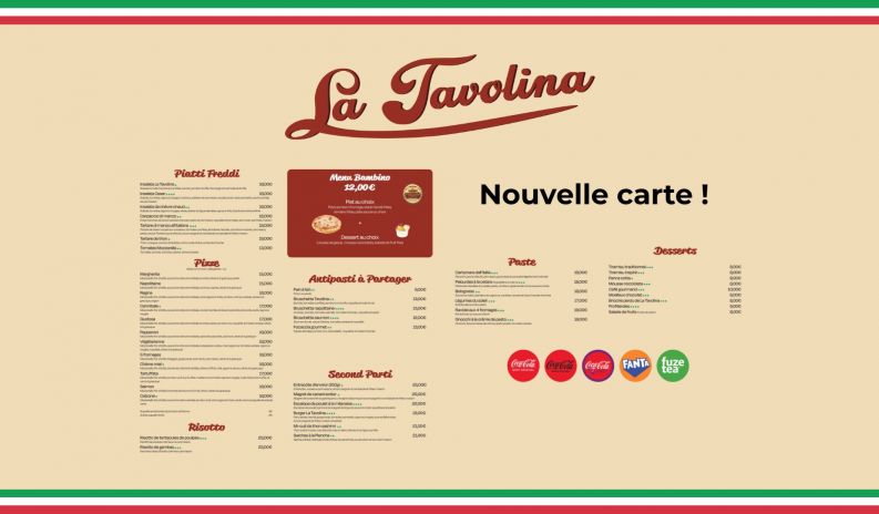 Découvrez une nouvelle carte italienne de La Tavolina et profitez de 2h minimum parking offert